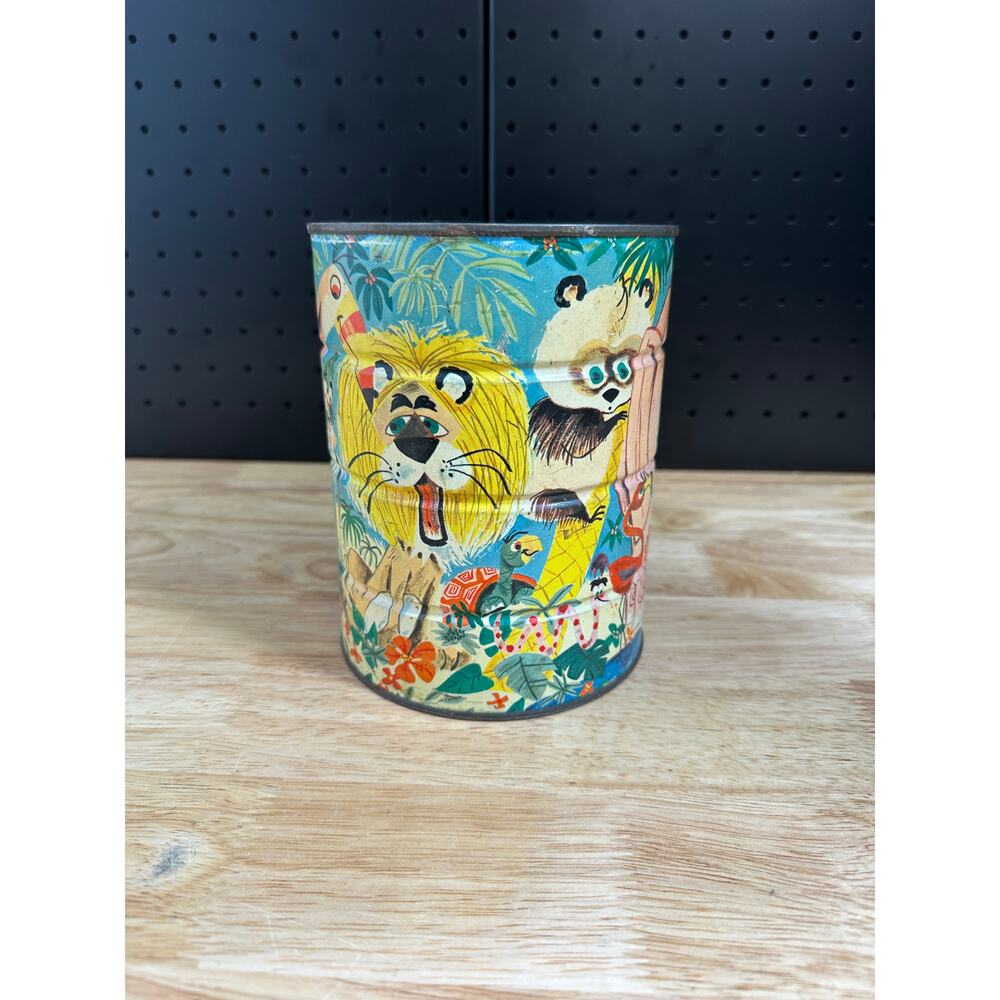 FOLGERS Vtg 1960s Coffee Can Jungle Cartoon Lion Elephant Monkey Animals NO LID